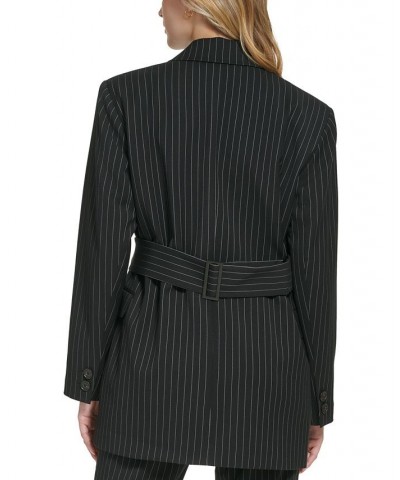 Women's Pinstripe Belted Jacket Black/White $45.67 Jackets