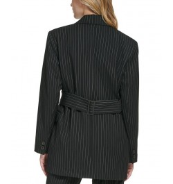 Women's Pinstripe Belted Jacket Black/White $45.67 Jackets