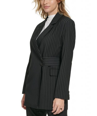 Women's Pinstripe Belted Jacket Black/White $45.67 Jackets