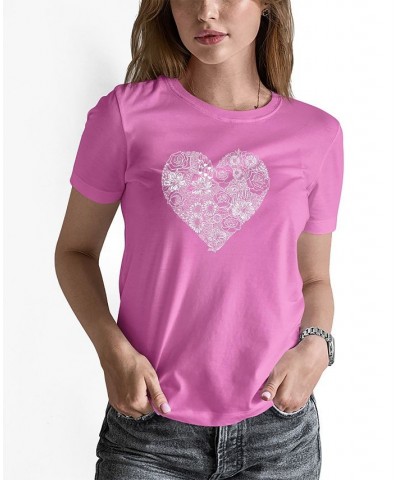 Women's Word Art Heart Flowers Short Sleeve T-shirt Pink $16.10 Tops
