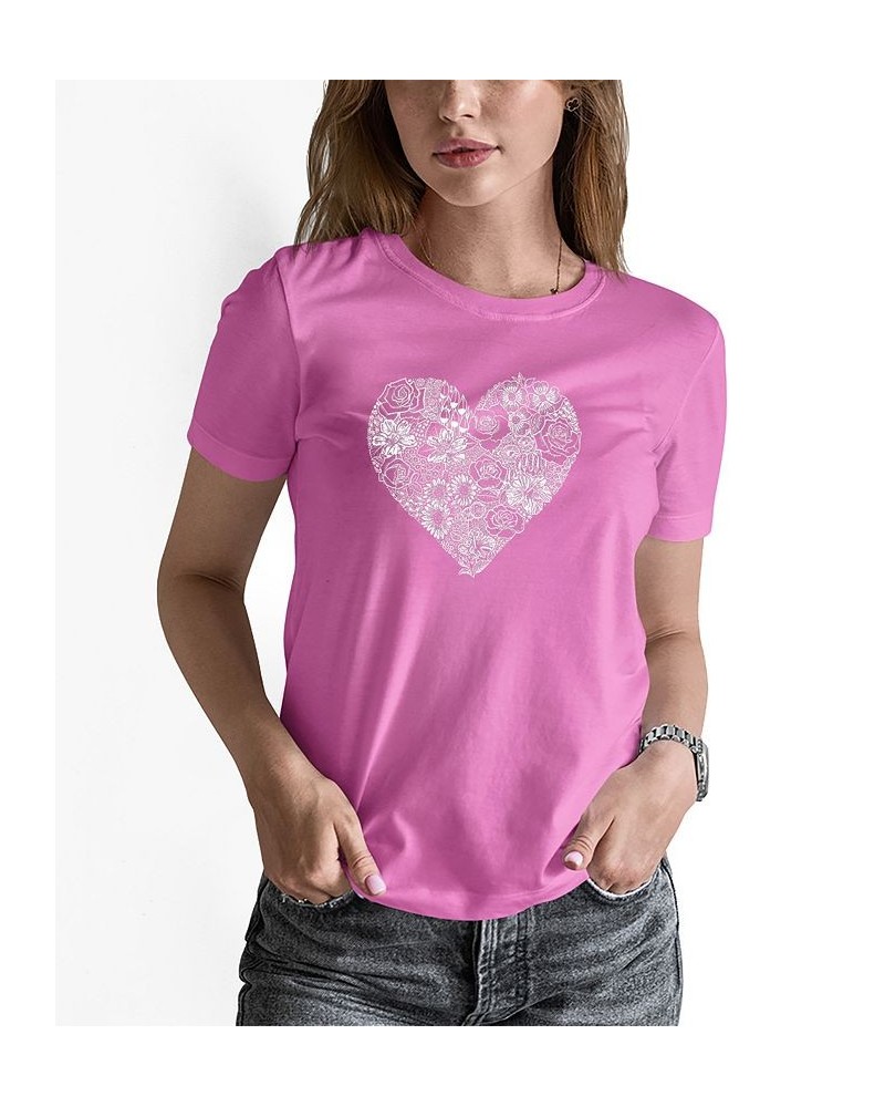 Women's Word Art Heart Flowers Short Sleeve T-shirt Pink $16.10 Tops