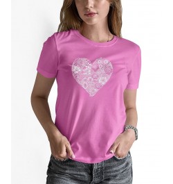 Women's Word Art Heart Flowers Short Sleeve T-shirt Pink $16.10 Tops