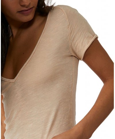 Women's Sunny Days Ahead V-Neck Cotton T-Shirt Brown $28.32 Tops