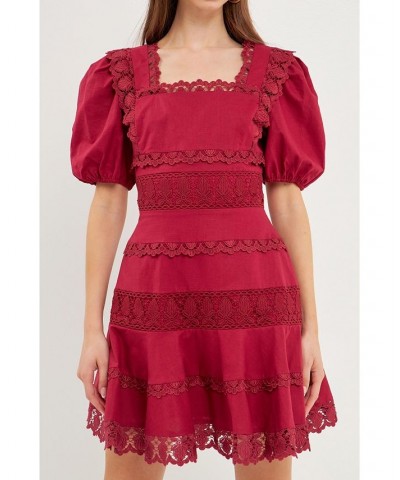 Women's Multi Lace Linen Mini Dress Purple $54.40 Dresses