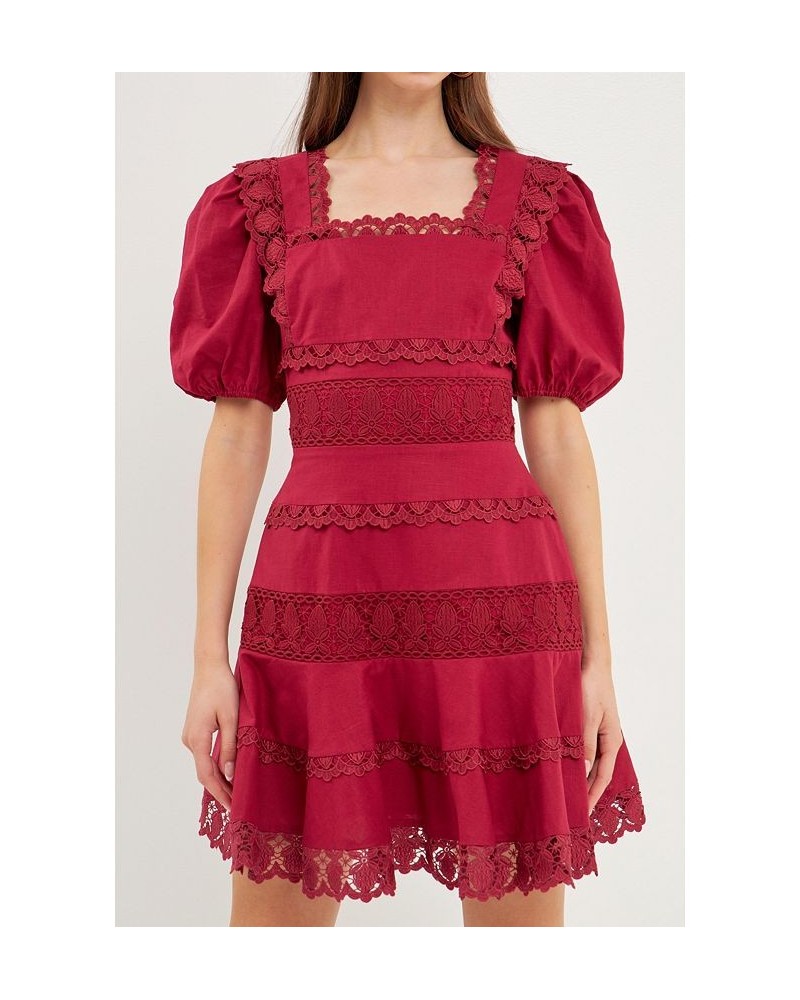 Women's Multi Lace Linen Mini Dress Purple $54.40 Dresses