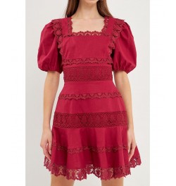 Women's Multi Lace Linen Mini Dress Purple $54.40 Dresses