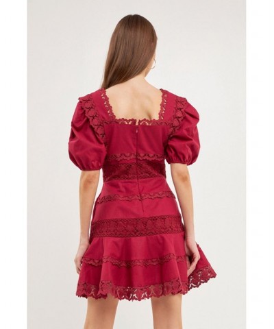 Women's Multi Lace Linen Mini Dress Purple $54.40 Dresses