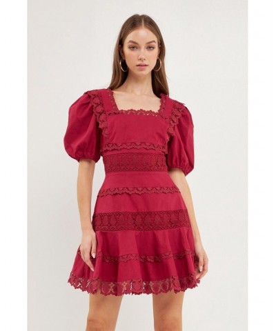 Women's Multi Lace Linen Mini Dress Purple $54.40 Dresses