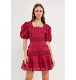 Women's Multi Lace Linen Mini Dress Purple $54.40 Dresses