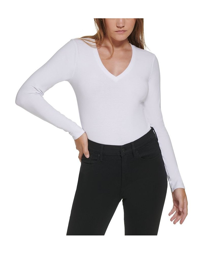 Petite Long-Sleeve Deep V-Neck Bodysuit White $15.99 Tops