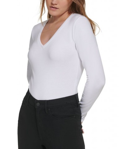 Petite Long-Sleeve Deep V-Neck Bodysuit White $15.99 Tops