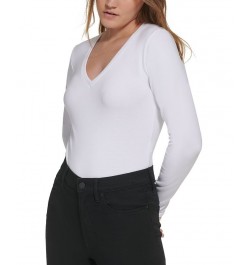 Petite Long-Sleeve Deep V-Neck Bodysuit White $15.99 Tops