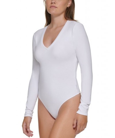 Petite Long-Sleeve Deep V-Neck Bodysuit White $15.99 Tops