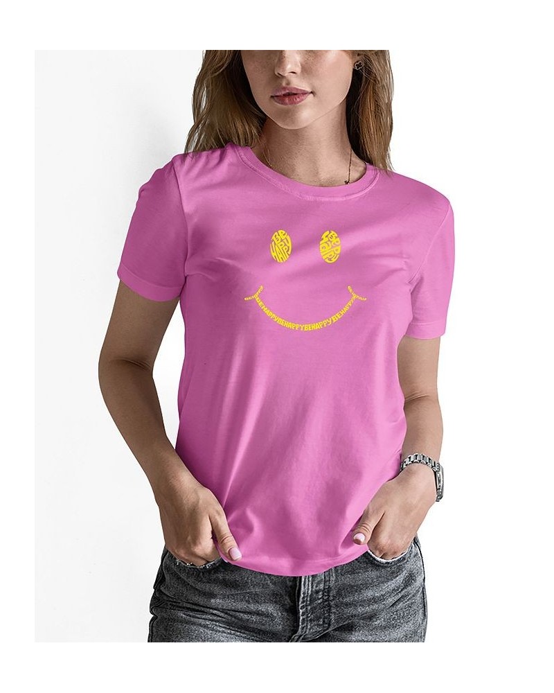 Women's Be Happy Smiley Face Word Art T-shirt Pink $19.94 Tops