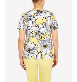 Women's Summer in The City Dramatic Flower Double Strap Crew Neck T-Shirt Yellow $29.67 Tops