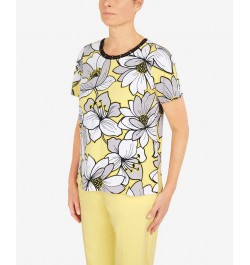 Women's Summer in The City Dramatic Flower Double Strap Crew Neck T-Shirt Yellow $29.67 Tops