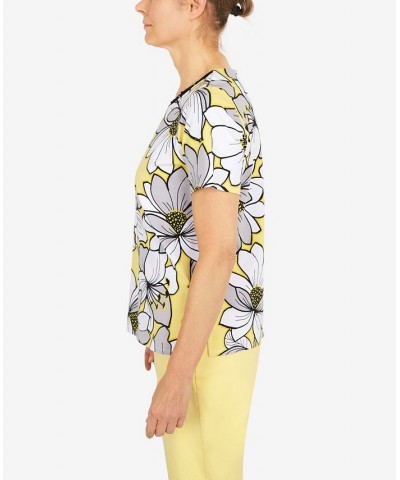 Women's Summer in The City Dramatic Flower Double Strap Crew Neck T-Shirt Yellow $29.67 Tops