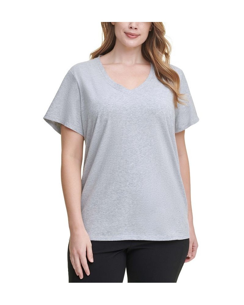 Plus Size Logo Patch V-Neck T-Shirt Gray $13.37 Tops