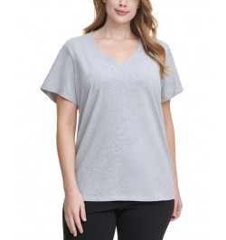 Plus Size Logo Patch V-Neck T-Shirt Gray $13.37 Tops