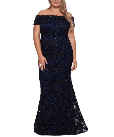 Plus Size Lace Off-The-Shoulder Gown Black/Navy $157.05 Dresses