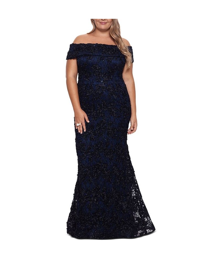 Plus Size Lace Off-The-Shoulder Gown Black/Navy $157.05 Dresses