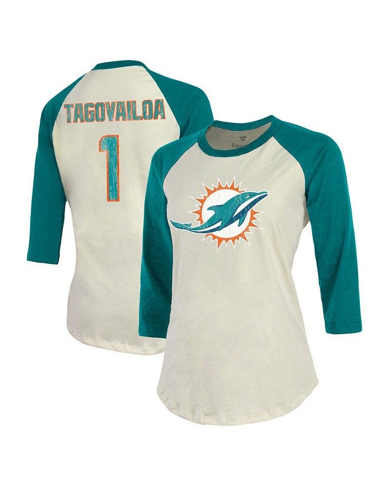 Women's Cream Aqua Miami Dolphins Player Raglan Name Number 3/4 Sleeve T-shirt White $32.99 Tops