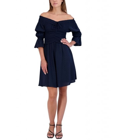 Women's Smocked Off-The-Shoulder Bubble-Sleeve Dress Blue $38.78 Dresses