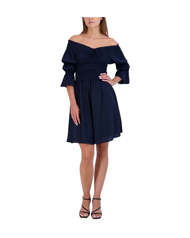 Women's Smocked Off-The-Shoulder Bubble-Sleeve Dress Blue $38.78 Dresses