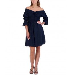 Women's Smocked Off-The-Shoulder Bubble-Sleeve Dress Blue $38.78 Dresses