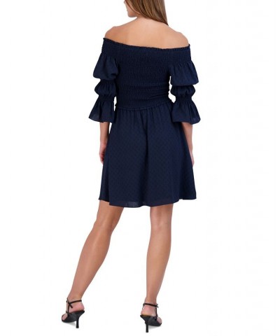 Women's Smocked Off-The-Shoulder Bubble-Sleeve Dress Blue $38.78 Dresses