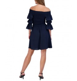 Women's Smocked Off-The-Shoulder Bubble-Sleeve Dress Blue $38.78 Dresses