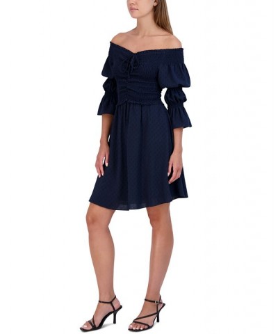 Women's Smocked Off-The-Shoulder Bubble-Sleeve Dress Blue $38.78 Dresses