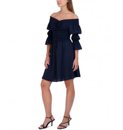 Women's Smocked Off-The-Shoulder Bubble-Sleeve Dress Blue $38.78 Dresses