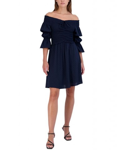 Women's Smocked Off-The-Shoulder Bubble-Sleeve Dress Blue $38.78 Dresses