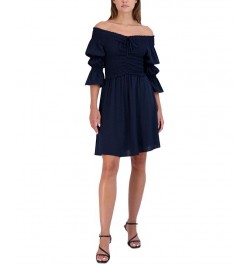 Women's Smocked Off-The-Shoulder Bubble-Sleeve Dress Blue $38.78 Dresses