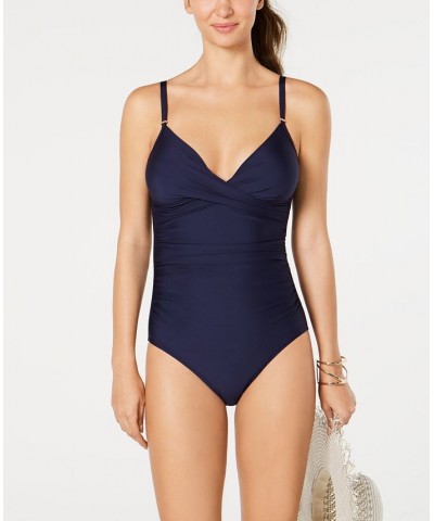 Twist-Front Tummy-Control One-Piece Swimsuit Navy $39.59 Swimsuits