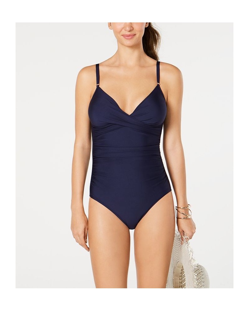 Twist-Front Tummy-Control One-Piece Swimsuit Navy $39.59 Swimsuits
