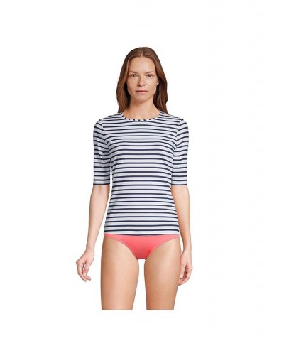 Women's Long Crew Neck Elbow Sleeve Rash Guard UPF 50 Sun Protection Modest Swim Tee White/deep sea stripe $27.24 Swimsuits