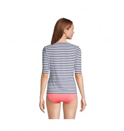 Women's Long Crew Neck Elbow Sleeve Rash Guard UPF 50 Sun Protection Modest Swim Tee White/deep sea stripe $27.24 Swimsuits