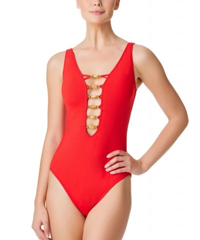 Women's Kore Lace-Up One-Piece Swimsuit Red $43.20 Swimsuits