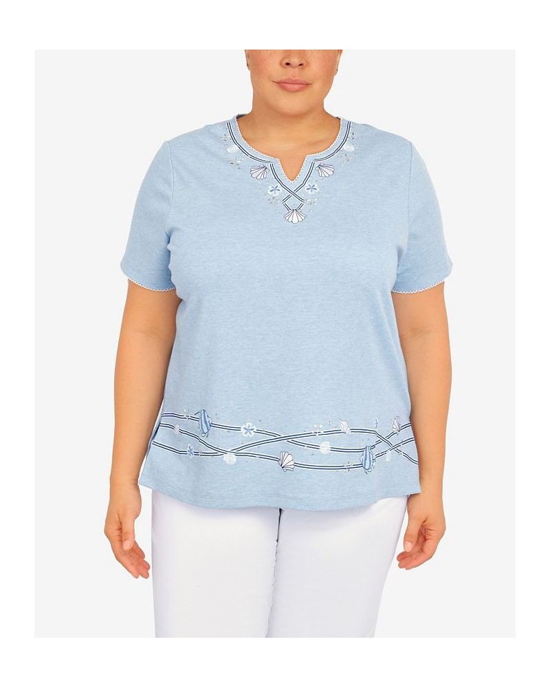 Plus Size Set Sail Ribbon Fish Border 3/4 Sleeve Top Marine Blue $40.43 Tops