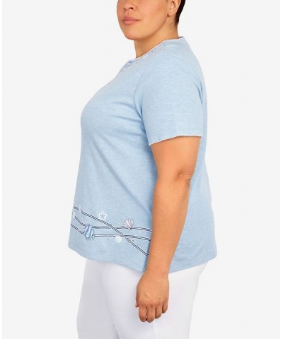 Plus Size Set Sail Ribbon Fish Border 3/4 Sleeve Top Marine Blue $40.43 Tops