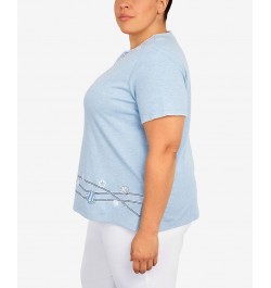 Plus Size Set Sail Ribbon Fish Border 3/4 Sleeve Top Marine Blue $40.43 Tops