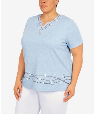 Plus Size Set Sail Ribbon Fish Border 3/4 Sleeve Top Marine Blue $40.43 Tops