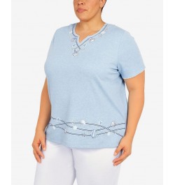 Plus Size Set Sail Ribbon Fish Border 3/4 Sleeve Top Marine Blue $40.43 Tops