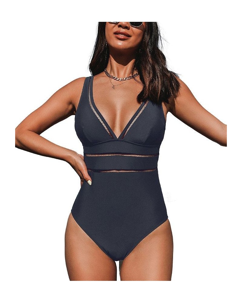 Women's Essential Space Plunge Ladder Trim Monokini Dark Navy Swimsuit Dark blue $20.09 Swimsuits