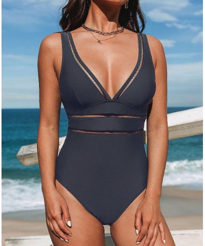 Women's Essential Space Plunge Ladder Trim Monokini Dark Navy Swimsuit Dark blue $20.09 Swimsuits