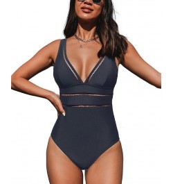 Women's Essential Space Plunge Ladder Trim Monokini Dark Navy Swimsuit Dark blue $20.09 Swimsuits