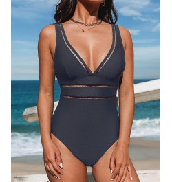 Women's Essential Space Plunge Ladder Trim Monokini Dark Navy Swimsuit Dark blue $20.09 Swimsuits