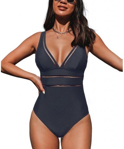 Women's Essential Space Plunge Ladder Trim Monokini Dark Navy Swimsuit Dark blue $20.09 Swimsuits